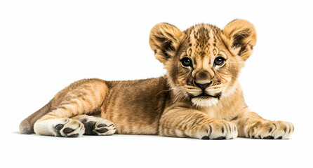Obraz premium Adorable lion cub lying down on a white background, capturing its innocence and playful spirit, a heartwarming image that brings joy and wonder