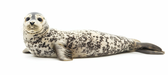 Adorable Spotted Seal Pup Isolated on White Background, a Captivating Portrait of Marine Wildlife Beauty and Innocence in Studio Light