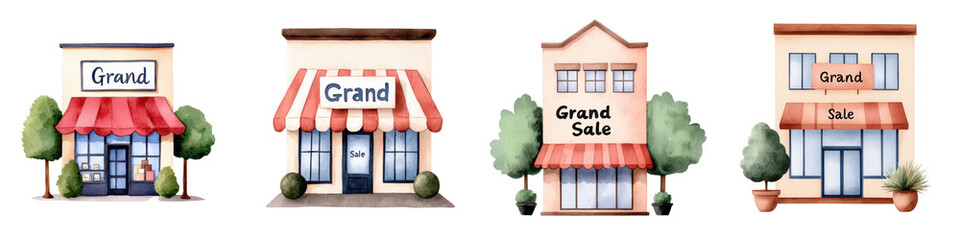 Obraz premium Colorful Illustrations of Boutique Shops with Sale Signs and Canopies