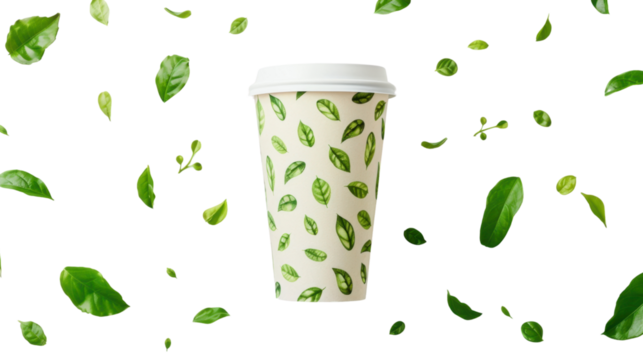 Eco-friendly disposable coffee cup with falling green leaves on transparent background