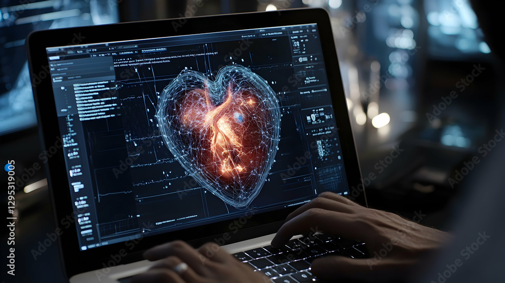 Poster advanced cardiac analysis software interface on laptop screen displaying detailed heart model for in