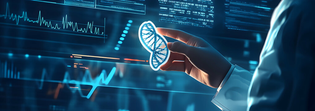 Advanced genetic research and medical analysis presented in a visually compelling interface depicting innovative biotechnology and scientific discovery - Powered by Adobe