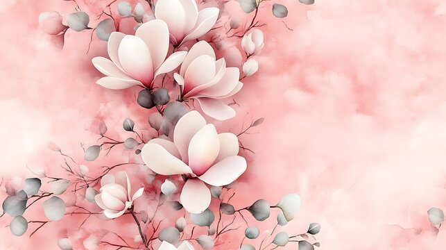 A delicate watercolor painting of a magnolia and eucalyptus wreath, arranged intricately on a pastel pink background, with soft brushstrokes and a light, romantic color palette. --ar 16:9 --tile