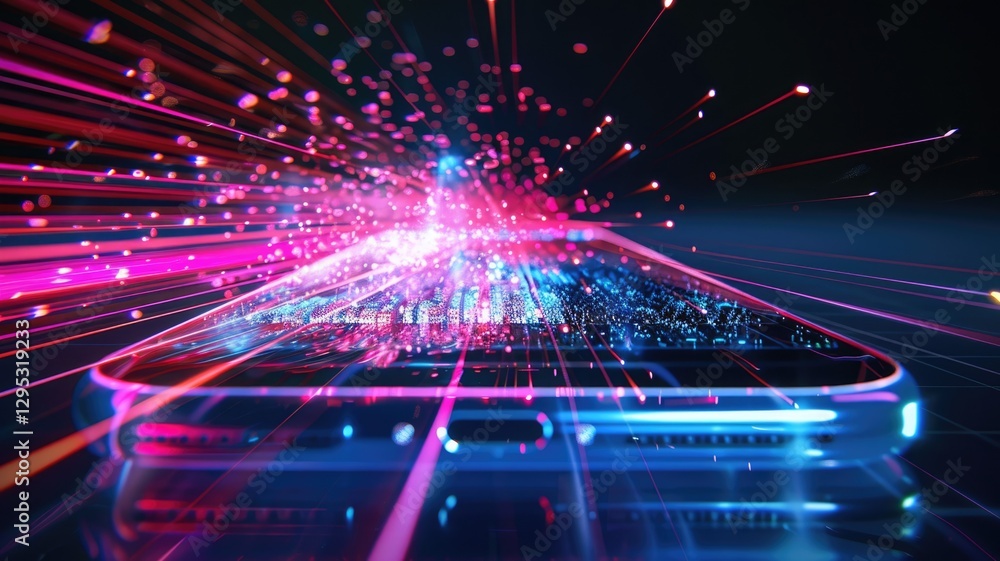 Poster smartphone displaying futuristic user interface with holographic elements. data analysis popping up 
