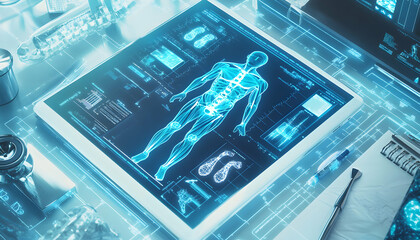 Advanced Medical Technology, Human Body Analysis on Tablet Display for Futuristic Healthcare Solutions and Precision Diagnostics in the Modern Medical Field