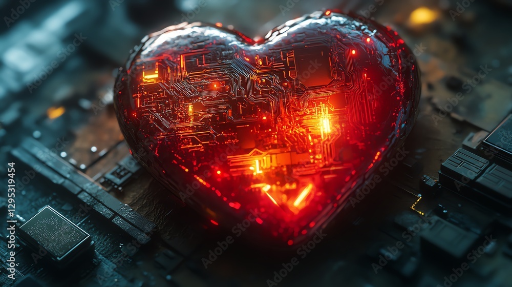 Poster detailed futuristic heartshaped cpu with complex circuits and components, portraying love as the cor