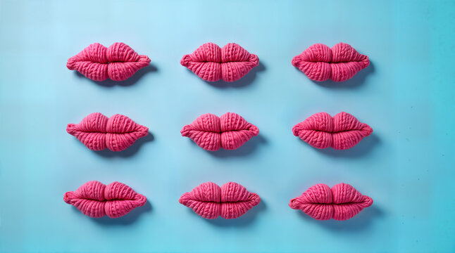 Knitted pink lips arranged in perfect symmetry on a blue background - Powered by Adobe