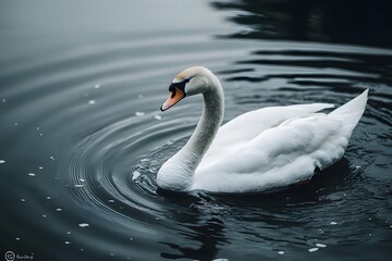 Fototapeta premium White swans gracefully swimming on the lake surface