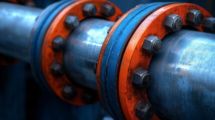 Industrial Pipeline Connection with Flanges and Bolts Securing Pipes in a Mechanical Setup