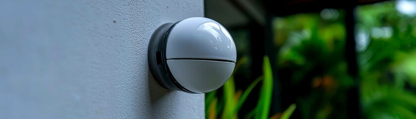 Minimalist Outdoor Light Fixture Mounted on Exterior Wall with Garden Backdrop in Tranquil Setting