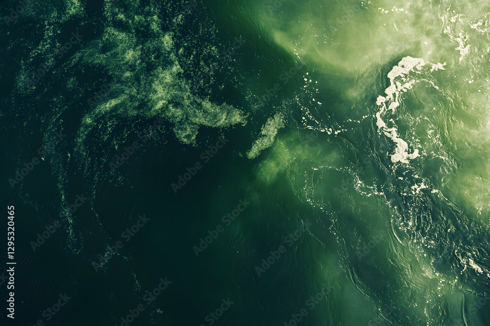 Poster aerial view of green water surface with white foam patterns creating abstract designs, capturing nat