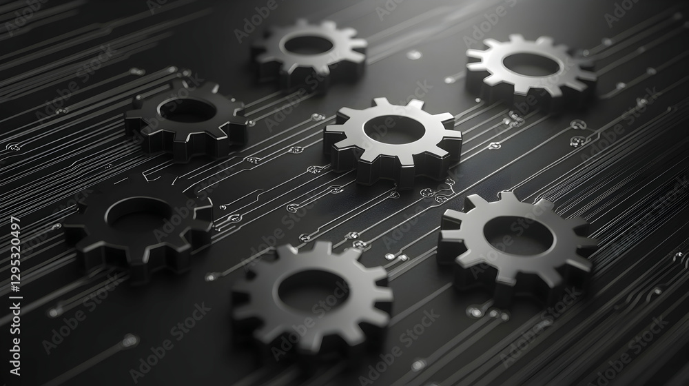 Poster sleek metallic gears arranged on a dark circuit board, symbolizing technology, engineering, and prec