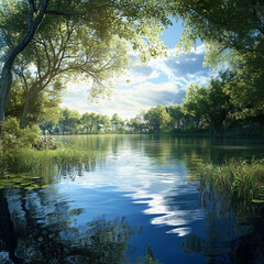 Fototapeta premium A Crystal-Clear Lake Reflecting the Beauty of Nature in a Serene and Undisturbed Setting, reflection of trees in water