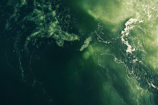 Aerial View of Green Water Surface with White Foam Patterns Creating Abstract Designs, Capturing Nature's Dynamic Artistry and Serenity