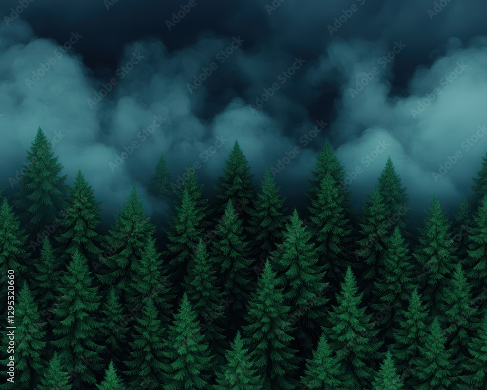 Aufkleber a dense forest of evergreen trees shrouded in mist, creating a mysterious and tranquil atmosphere.