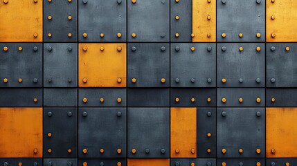 Abstract Metal Texture Geometric Pattern of Gray and Gold Metal Plates with Rivets