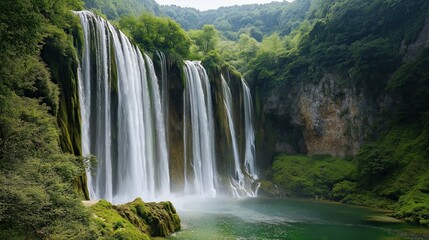 Fototapeta premium Majestic Waterfall Cascading into Emerald Pool