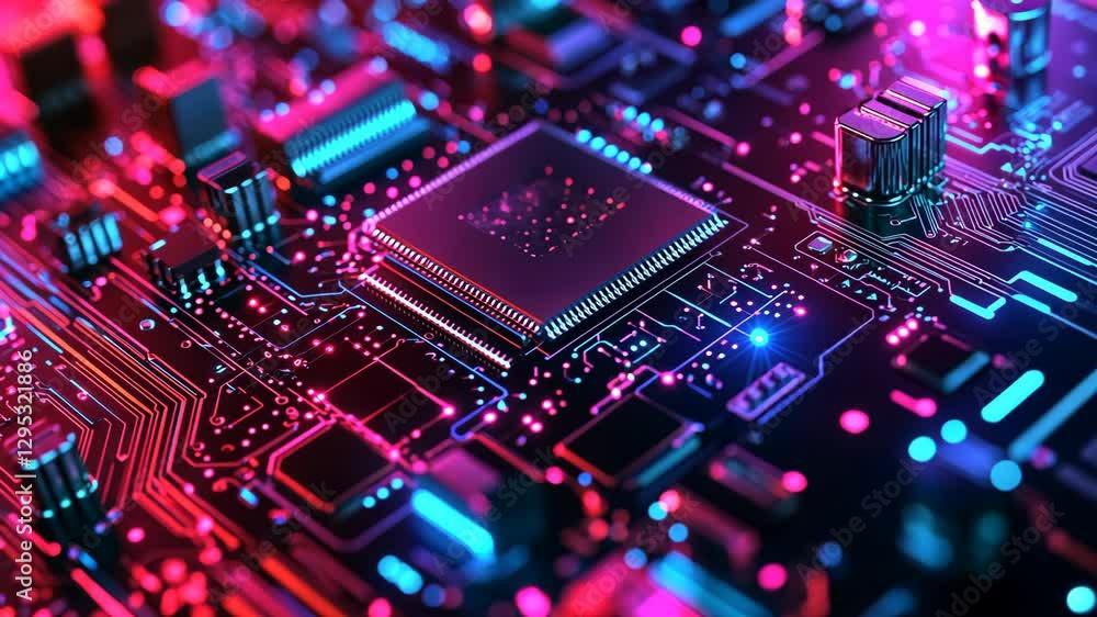 Aufkleber neon circuitry with intricate patterns and glowing elements in a vibrant, colorful design