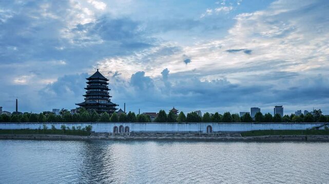 time lapse the Taoyang tower in Jingdezhen city, the sky of celadon color reflects the porcelain capital in early morning, China