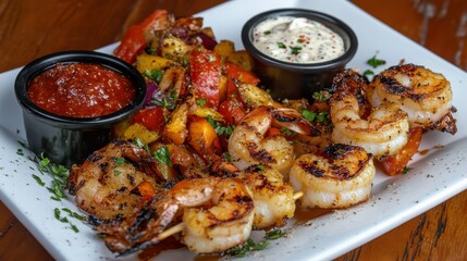 Fototapeta premium Grilled Shrimp Skewers with Roasted Vegetables