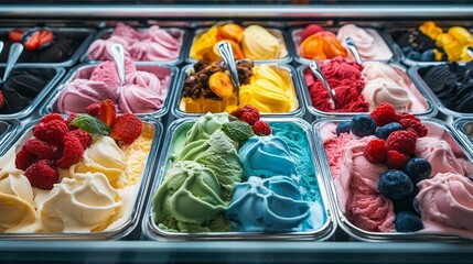 gelato ice cream  diplayed on ice cream shop. display case. food photography