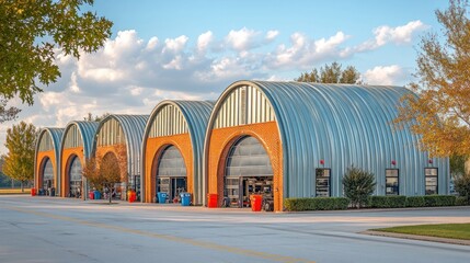 Modern Steel Sheds Row, Sunny Park Setting