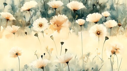 A dreamy watercolor scene of a meadow filled with dandelions and poppies, softly blended with pale butter-yellow hues in the background, featuring fluid, light brushwork and a calming ambiance.