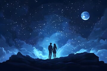 Fototapeta premium Couple silhouette on the mountaintop under the starry sky