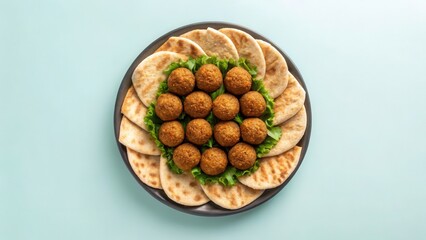Fototapeta premium entertainment and party food pastel concept. A plate of falafel served with pita bread and fresh greens against a light background.