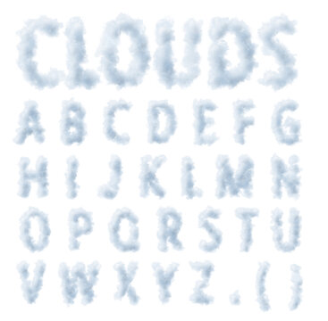 a complete alphabet with letter made of clouds on a clear background. The design is soft, airy, and visually appealing