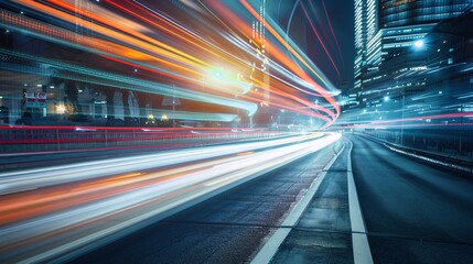 Dynamic blurred motion lights and illuminating skyscrapers in a modern futuristic urban cityscape at night showcasing the energy progress and technological advancement of the metropolis