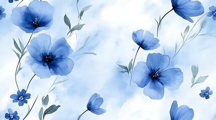 A graceful watercolor design of delicate bluebells and tiny violets, painted with light, flowing brushstrokes on a pale sky-blue background, evoking a sense of serenity and timeless beauty.