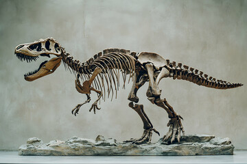 Awe-Inspiring Tyrannosaurus Rex Skeleton Fossil Displayed in Museum, Illustrating Prehistoric Power and Evolutionary History with Neutral Background, Museum Display
