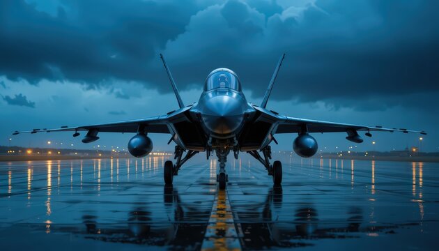 Night Flight: Stealth Fighter Jet on a Wet Runway