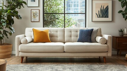 Fototapeta premium Mid-Century Modern Sofa in Beige Fabric with Throw Pillows