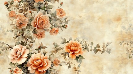A graceful watercolor painting of marigolds and roses, designed in a Victorian floral tapestry style, with soft sepia tones and intricate details on a parchment-textured backdrop. --ar 16:9 --tile