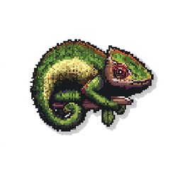 Obraz premium Adorable Pixel Art Chameleon: A Tiny Reptile Resting Serene.