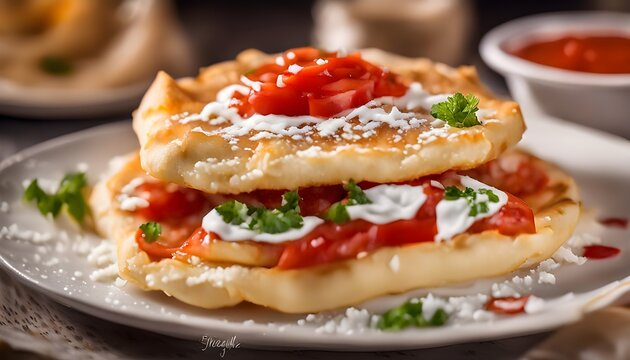 Traditional Langos are originally Hungarian fried pancakes made from yeast dough, topped with cheese, garlic and tomato ketchup. This dish is sold at most entertaining events in Europe
