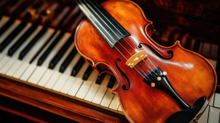 Fototapeta premium Violin Resting on a Piano Keyboard