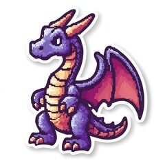 Fototapeta premium Adorable Pixel Art Dragon Sticker: A charming, purple dragon with outstretched wings, ready for your creative projects!