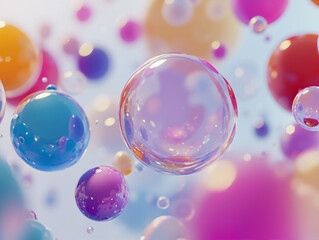 a group of colorful bubbles floating in the air against a blurred background. The bubbles are of various sizes and colors