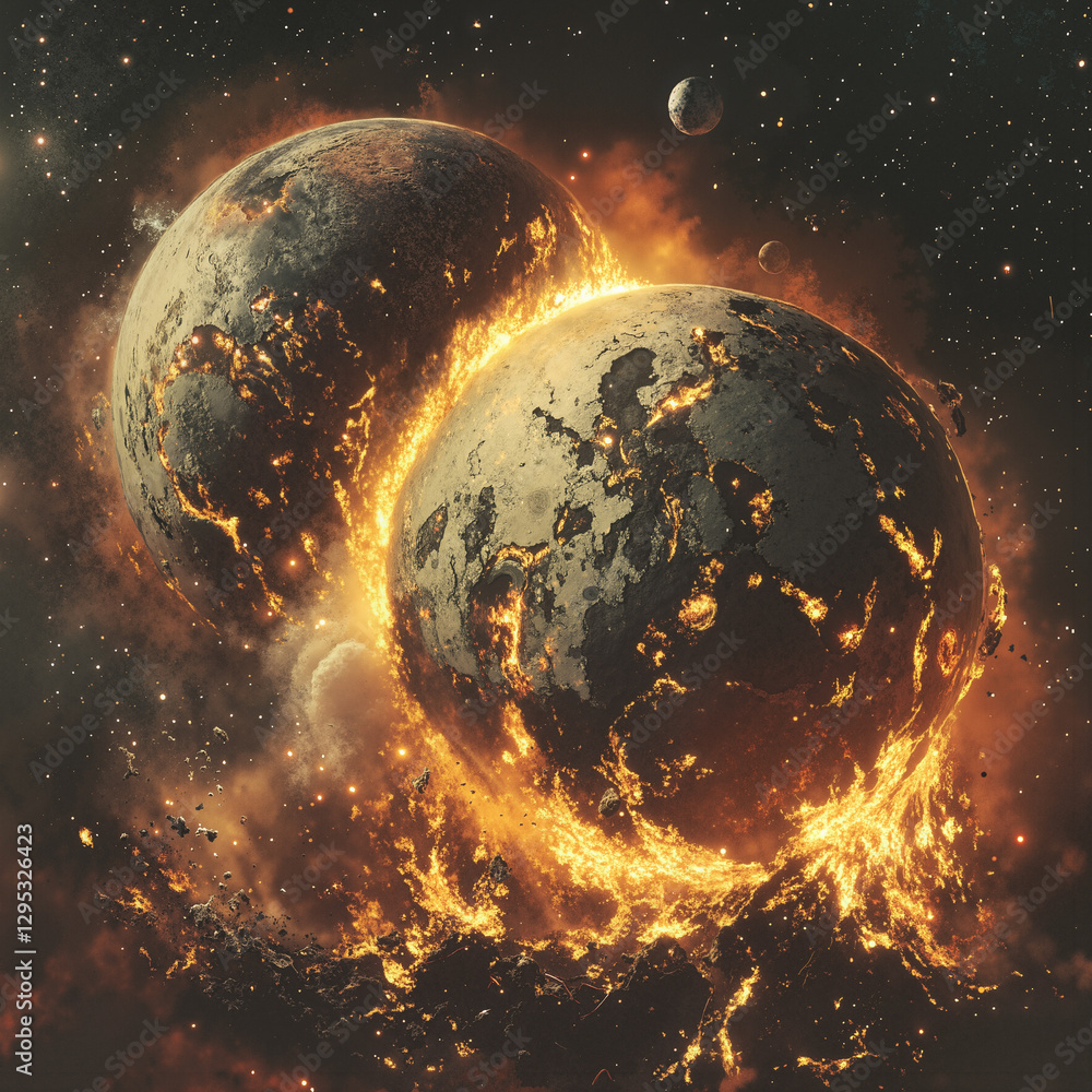 Poster a fiery planet in space with stars in the background. the planet is surrounded by a fiery orange and