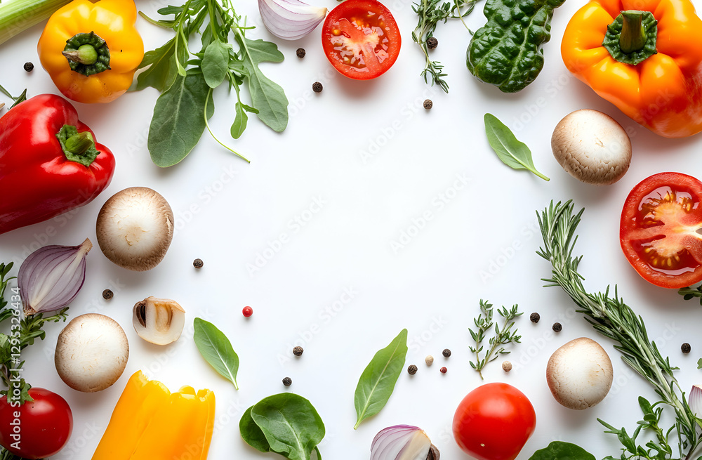 Poster bright and fresh, a colorful array of vegetables and herbs on a white background creating a healthy 