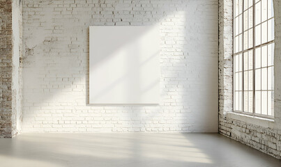 Obraz premium Bright Interior Scene with Blank Canvas on White Brick Wall and Natural Light Casting Shadows, Ideal for Mockups and Presentations for Modern Design Concepts