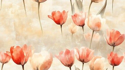 A harmonious watercolor composition featuring tulips in soft coral and cream hues, displayed against a textured parchment background, painted with fine, flowing strokes and a timeless charm.