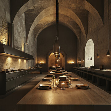 a long table with plates