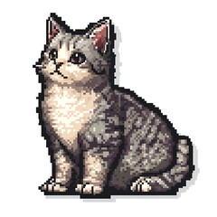 Naklejka premium Adorable Pixel Art Kitten: A charming digital pet, sitting and gazing upwards with sweet innocence. 