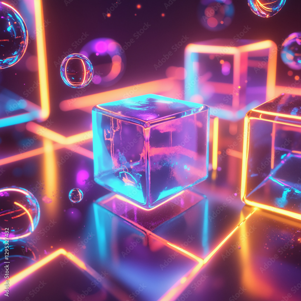 Poster a 3d rendering of a neon cube with bubbles floating around it. the cube is illuminated with a bright