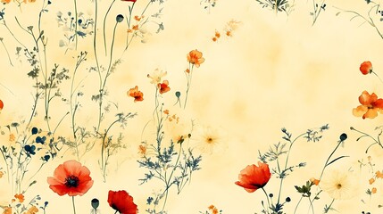 A harmonious watercolor design of wildflowers with dandelions and poppies scattered naturally on a light butter-yellow canvas, painted with airy, fluid strokes and a peaceful atmosphere.
