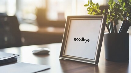 Executive departures with a photo frame on a desk with a 鈥済oodbye鈥�card. Featuring career transition and leadership change
